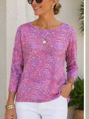 Leggiadro knit top pink purple leopard print 3/4 sleeves Size 4 / Size 12-14